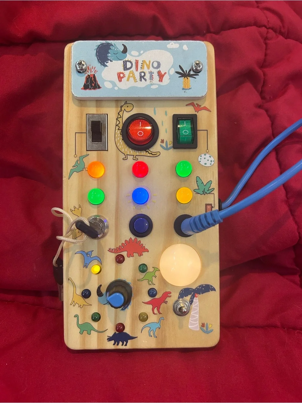 Dino Party Montessori Wooden Busy Board Switches Buttons Lock Key